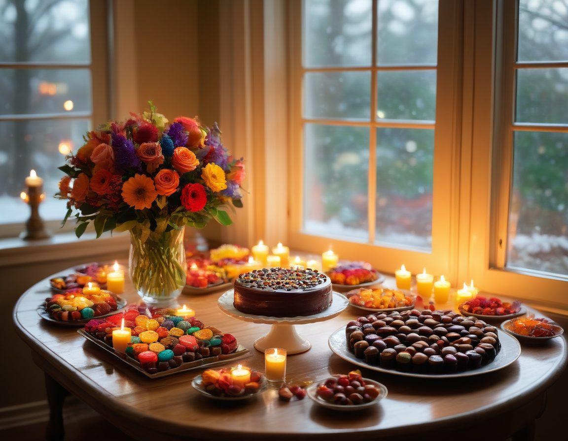 A beautifully arranged table filled with an assortment of colorful chocolates, surrounded by flickering candles and scattered flower petals. In the background, soft warm light filters through a window, illuminating a family sharing laughter and joy, with a celebratory cake nearby. The scene conveys a sense of warmth, love, and cherished moments. vibrant colors. cozy atmosphere. super-realistic.