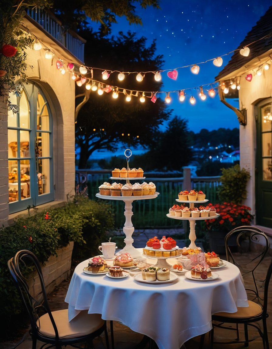 A beautifully arranged table featuring an array of unique desserts, such as heart-shaped pastries, colorful cupcakes, and creatively styled cakes, all set against a charming outdoor backdrop adorned with fairy lights. The scene captures the warmth and joy of special occasions, evoking a sense of celebration and love. Soft, inviting lighting enhances the vibrant colors of the desserts. painting. vibrant colors. whimsical style.