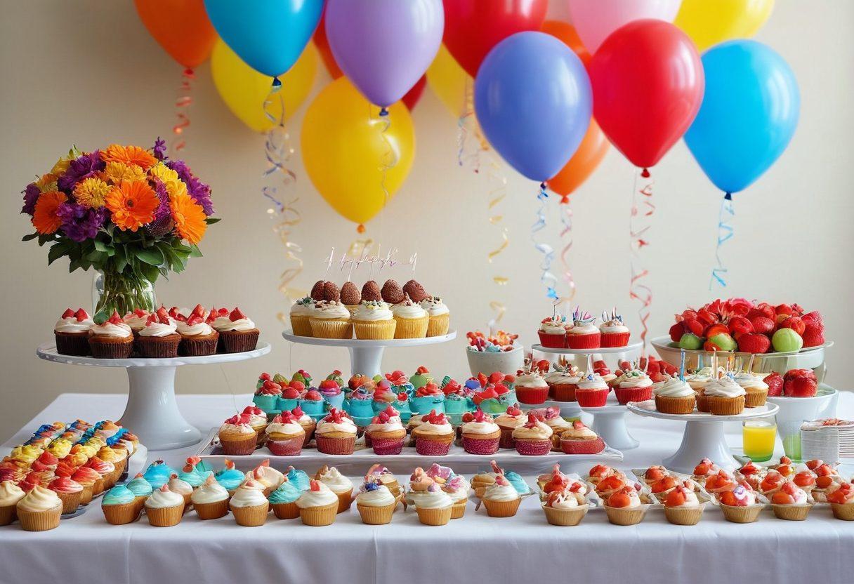A beautifully arranged table showcasing an array of personalized treats for different celebrations, such as birthday cupcakes with custom names, heart-shaped cookies for anniversaries, and colorful party favors. Surround the treats with festive decorations like balloons, flowers, and twinkling lights to evoke a warm, joyous atmosphere. Include a gently blurred background of a cheerful gathering, enhancing the sense of celebration. super-realistic. vibrant colors. soft focus.